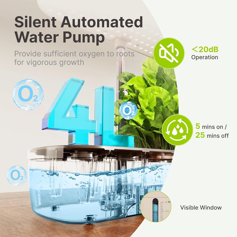 SUNCOZE Hydroponics Growing System Kit 12 Pods, Indoor herb Garden with 20W LED Grow Light, Visible Water Tank with Pump, 2.2"-12.4" Adjustable Height Indoor Gardening System, Gardening Gifts, Beige - Image 4